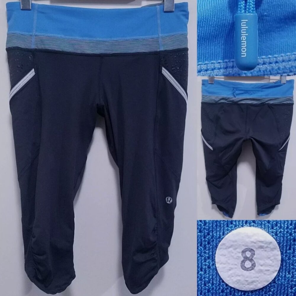 Lululemon Crop Leggings 8 Medium Black Blue Striped Pants Capri Skinny